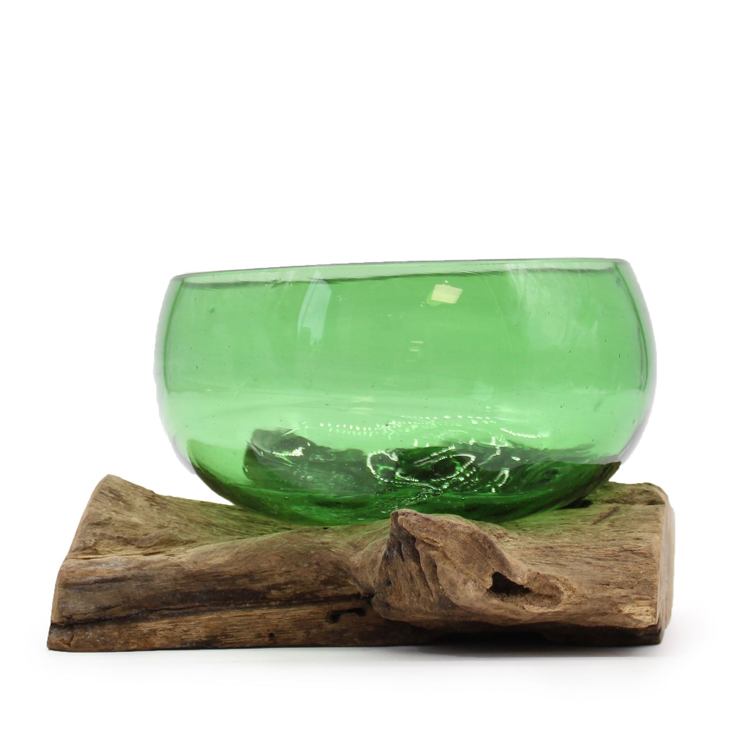 Handcrafted Recycled Green Glass Wide Bowl on Natural Gamal Wood