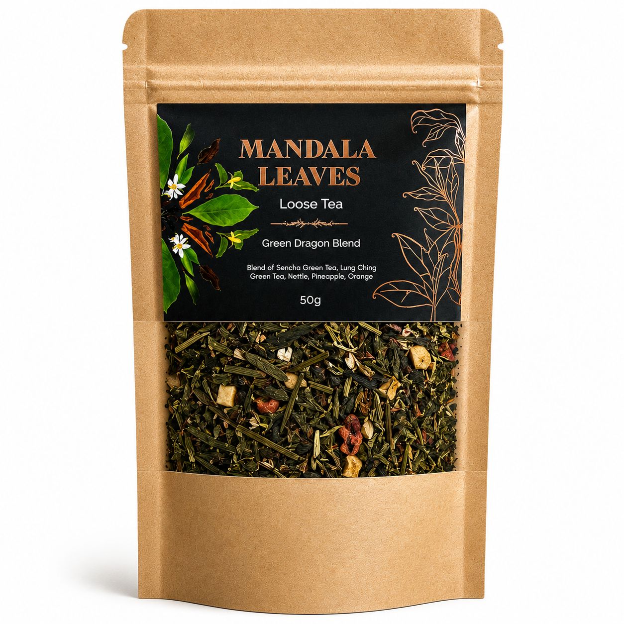 50g Green Dragon Blend artisan green tea in a resealable kraft pouch.