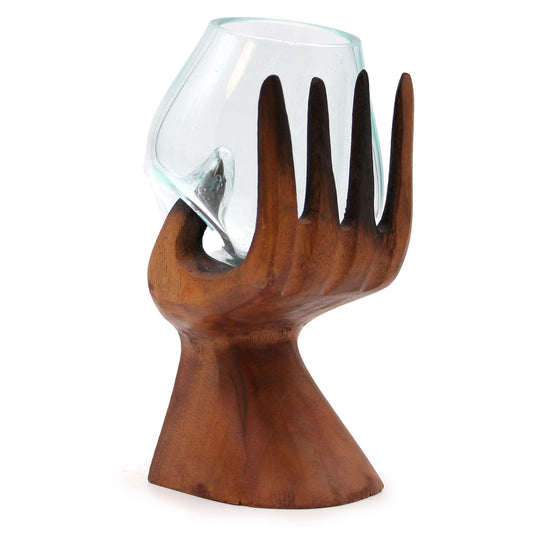 Handcrafted Carved Wooden Hand with Sculptural Molten Glass Bowl