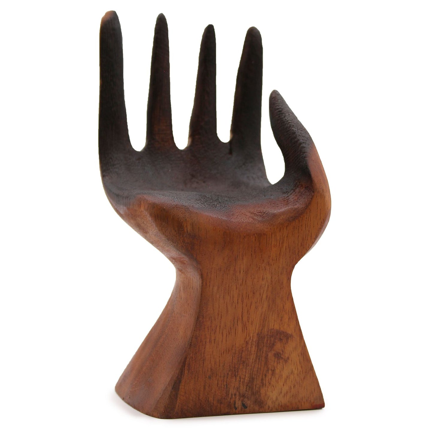 Handcrafted Carved Wooden Hand with Sculptural Molten Glass Bowl