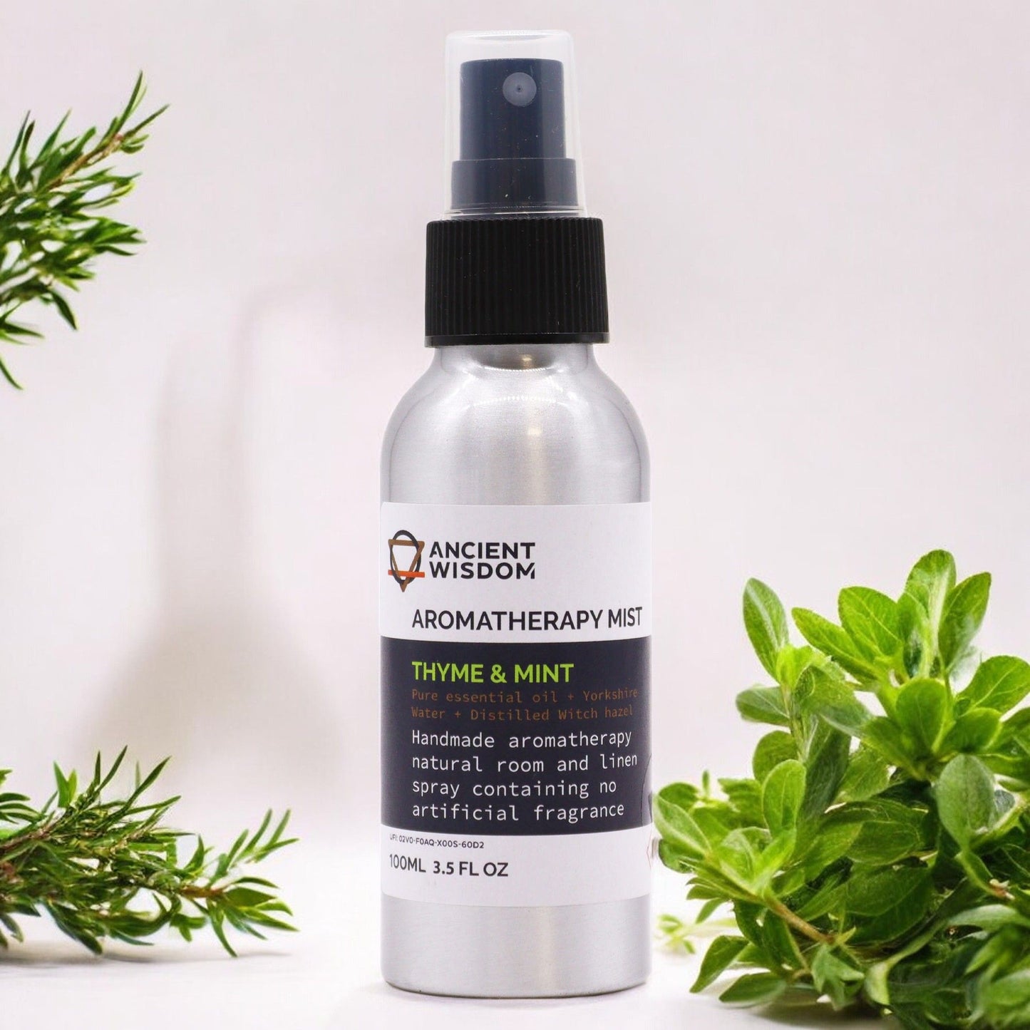 Thyme & Mint botanical room mist in a 100ml aluminium bottle.