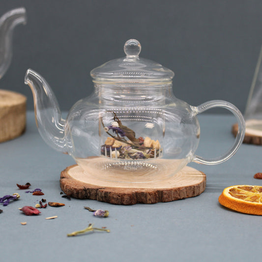 400ml Round Pearl glass infuser teapot with stainless steel micro-mesh strainer.