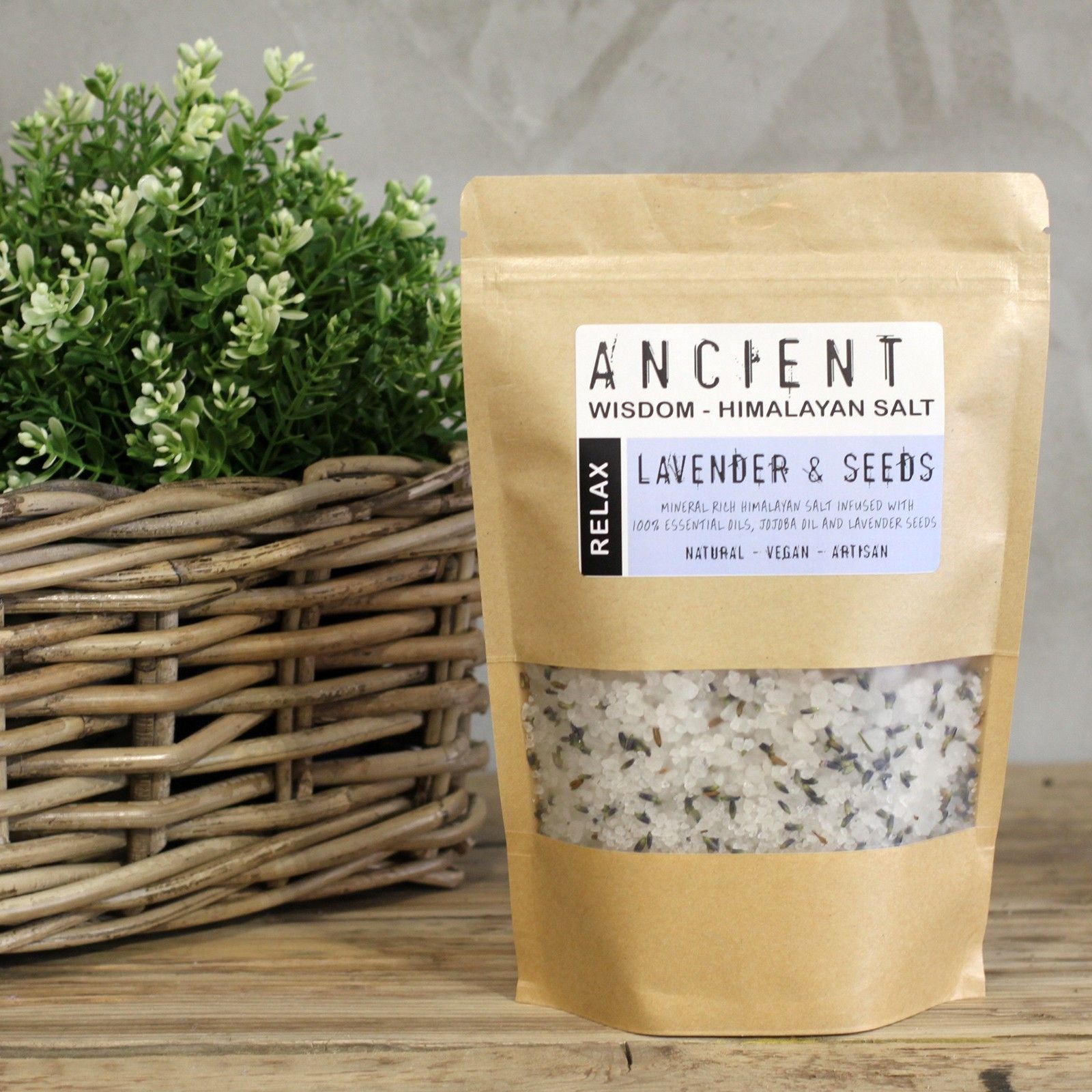 Relax Lavender & Seeds Himalayan bath salt blend in a resealable kraft pouch.