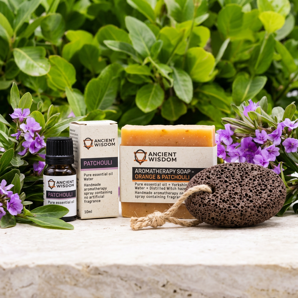 Three-step Grounding Foot Ritual set including essential oil, volcanic stone, and botanical clay soap for home spa treatment.